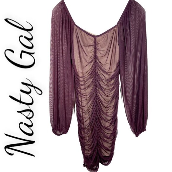 NASTY GAL Y2K WINE RED RUCHED MESH BODYCON MINI DRESS FAIRY GRUNGE WITCH, SIZE 0 - Picture 1 of 6